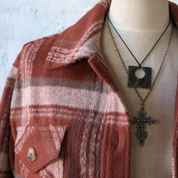 Red Plaid Flannel Jacket Gorpcore Utility Shacket Grunge Boho Chic Earthy Small - Picture 4 of 9